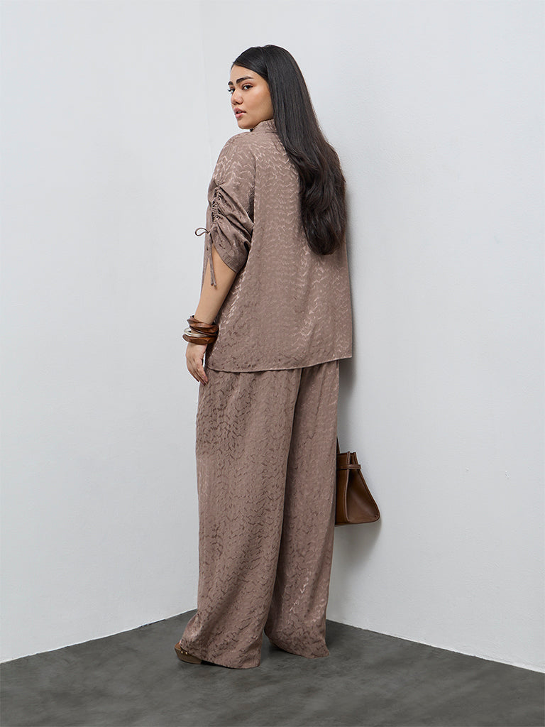 Gia Taupe Self-Patterned High-Rise Pants with Belt