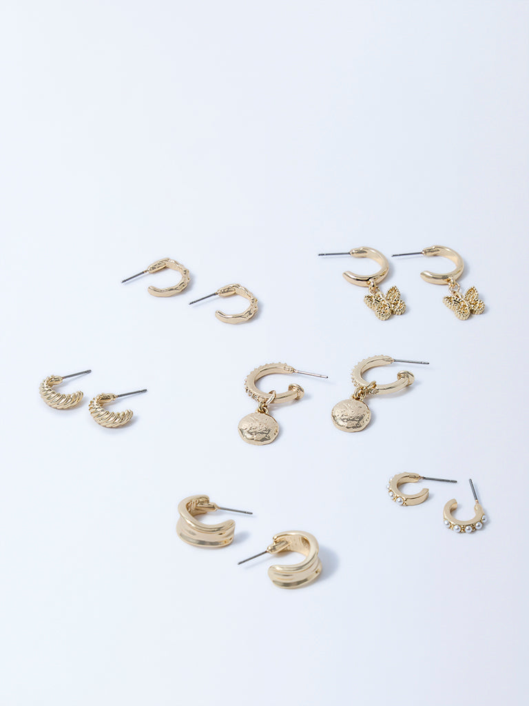 Westside Accessories Gold Hoops, Metal and Butterfly Charms Earrings - Pack of 6