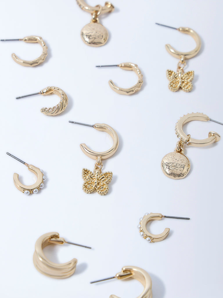 Westside Accessories Gold Hoops, Metal and Butterfly Charms Earrings - Pack of 6