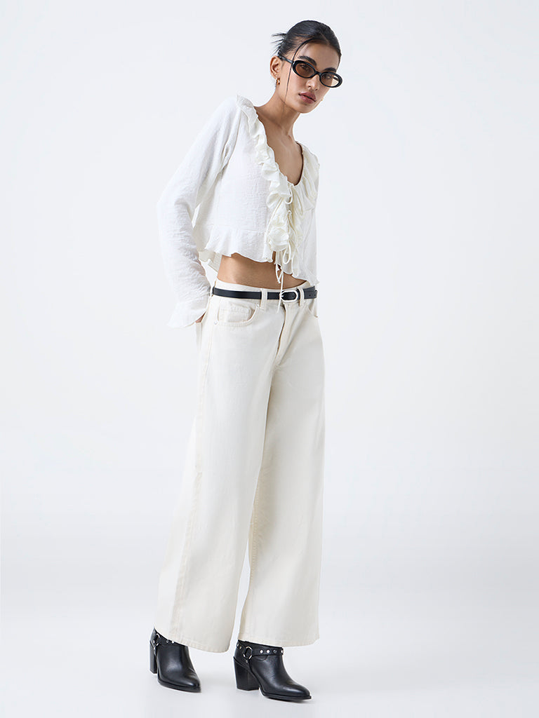 Nuon Off-White Ruffled Tie-Up Blouse