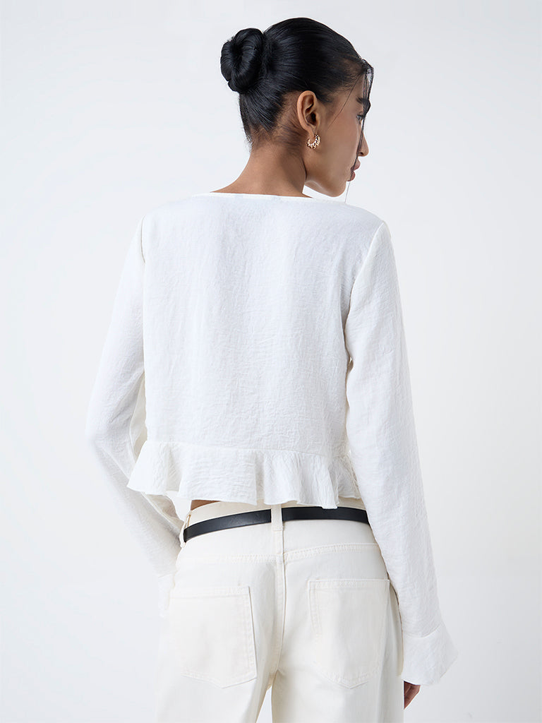 Nuon Off-White Ruffled Tie-Up Blouse