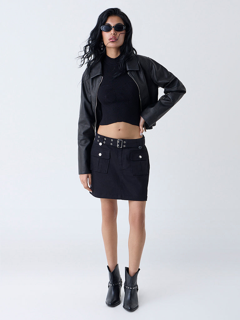 Nuon Black High-Rise Denim Skorts with Belt