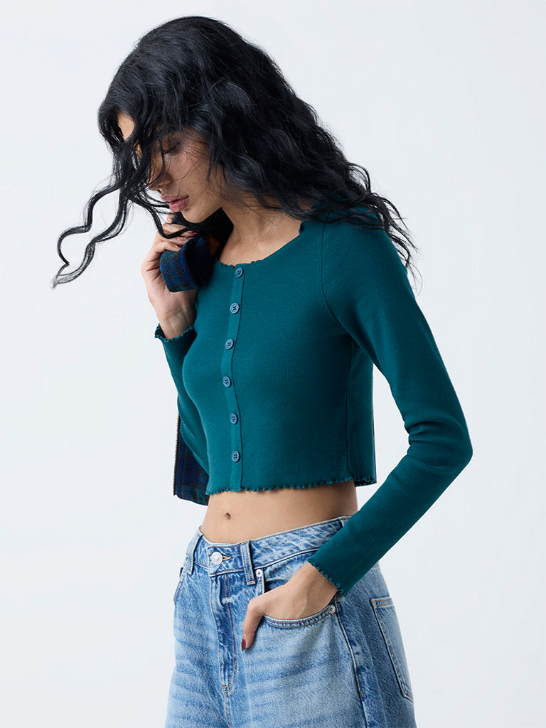 Nuon Dark Green Self-Striped Cotton-Blend Top