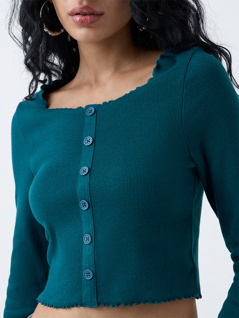 Nuon Dark Green Self-Striped Cotton-Blend Top