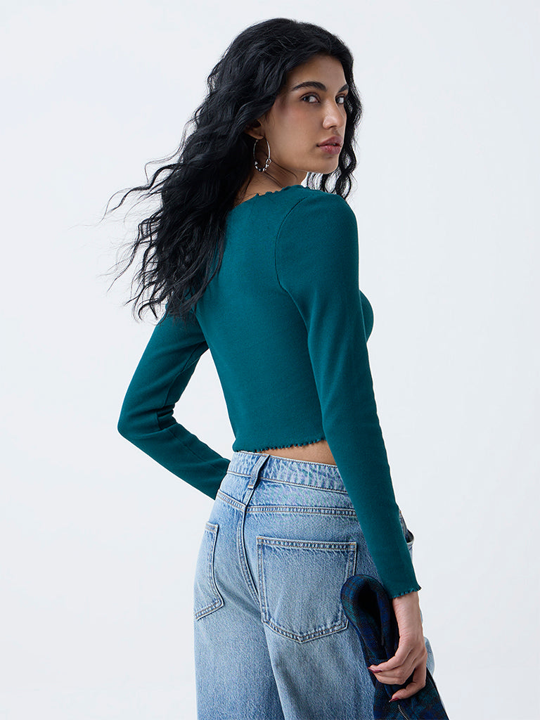 Nuon Dark Green Self-Striped Cotton-Blend Top