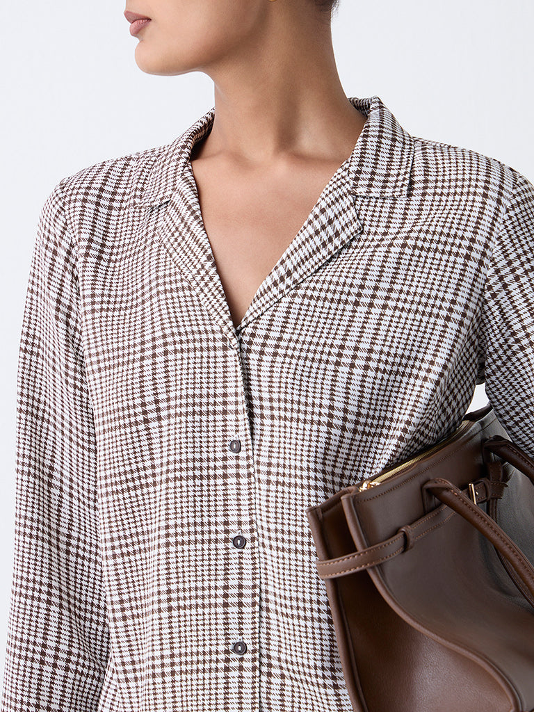 Wardrobe Brown Houndstooth Checkered Shirt