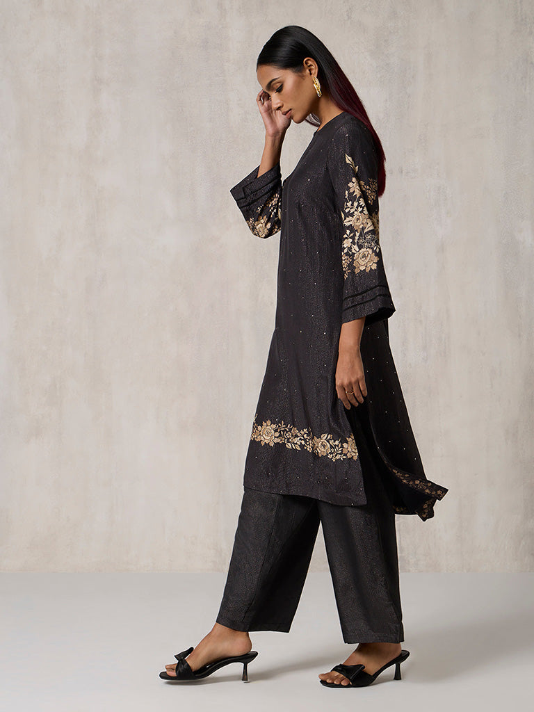 Floral Design Black Kurta Set