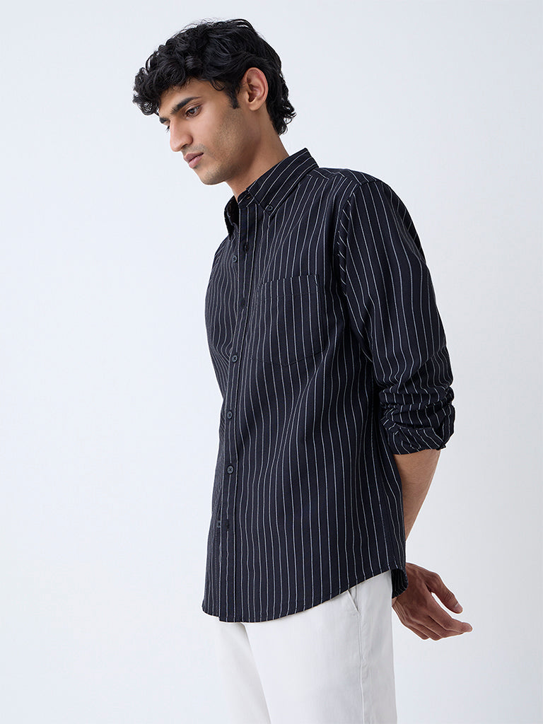 WES Casuals Black Striped Relaxed-Fit Cotton Shirt