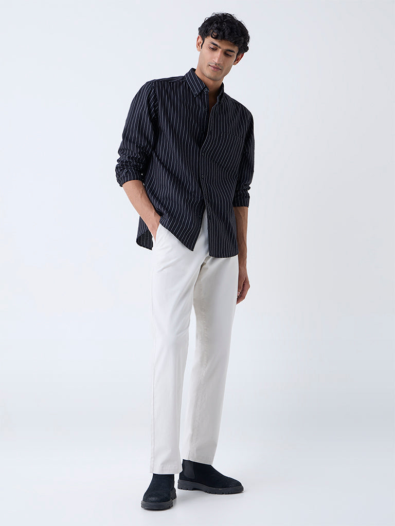 WES Casuals Black Striped Relaxed-Fit Cotton Shirt