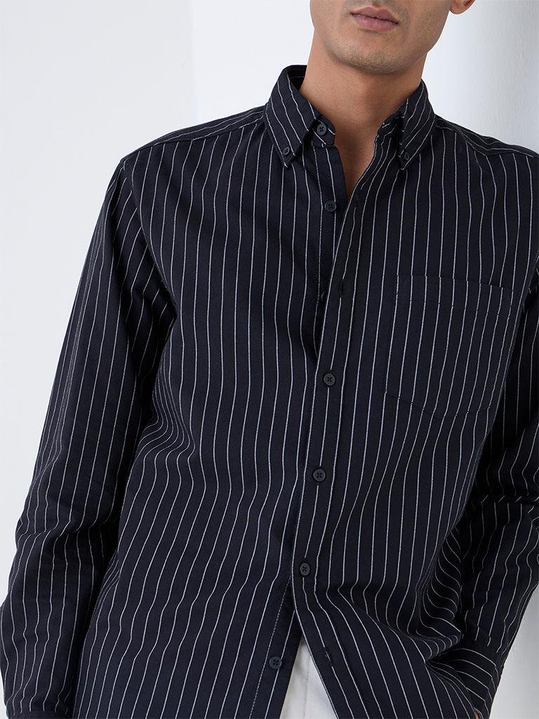 WES Casuals Black Striped Relaxed-Fit Cotton Shirt