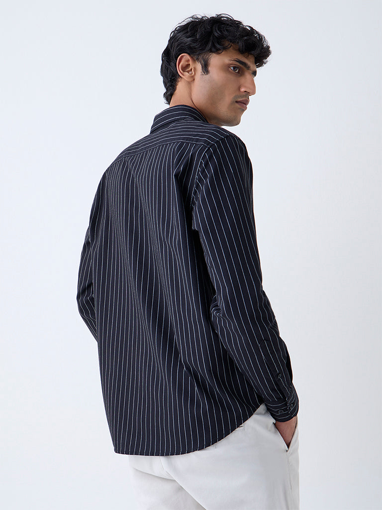 WES Casuals Black Striped Relaxed-Fit Cotton Shirt