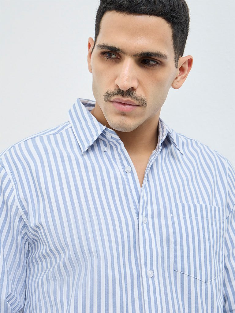 WES Casuals Blue Striped Relaxed-Fit Cotton Shirt
