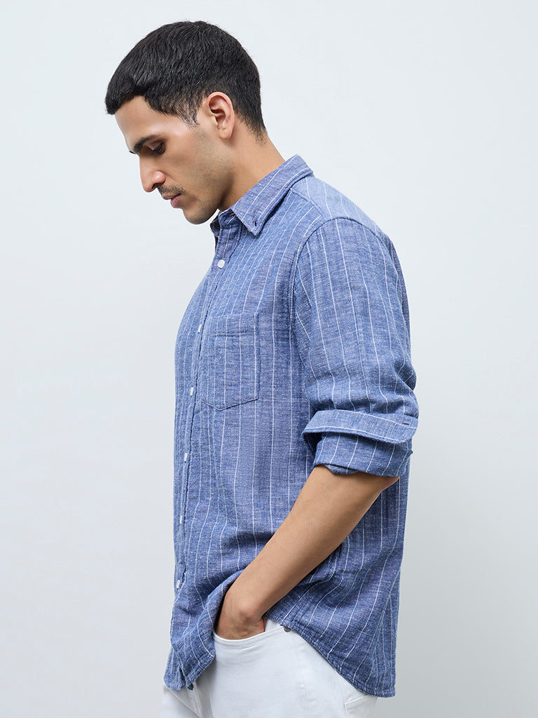 WES Casuals Blue Striped Relaxed-Fit Shirt
