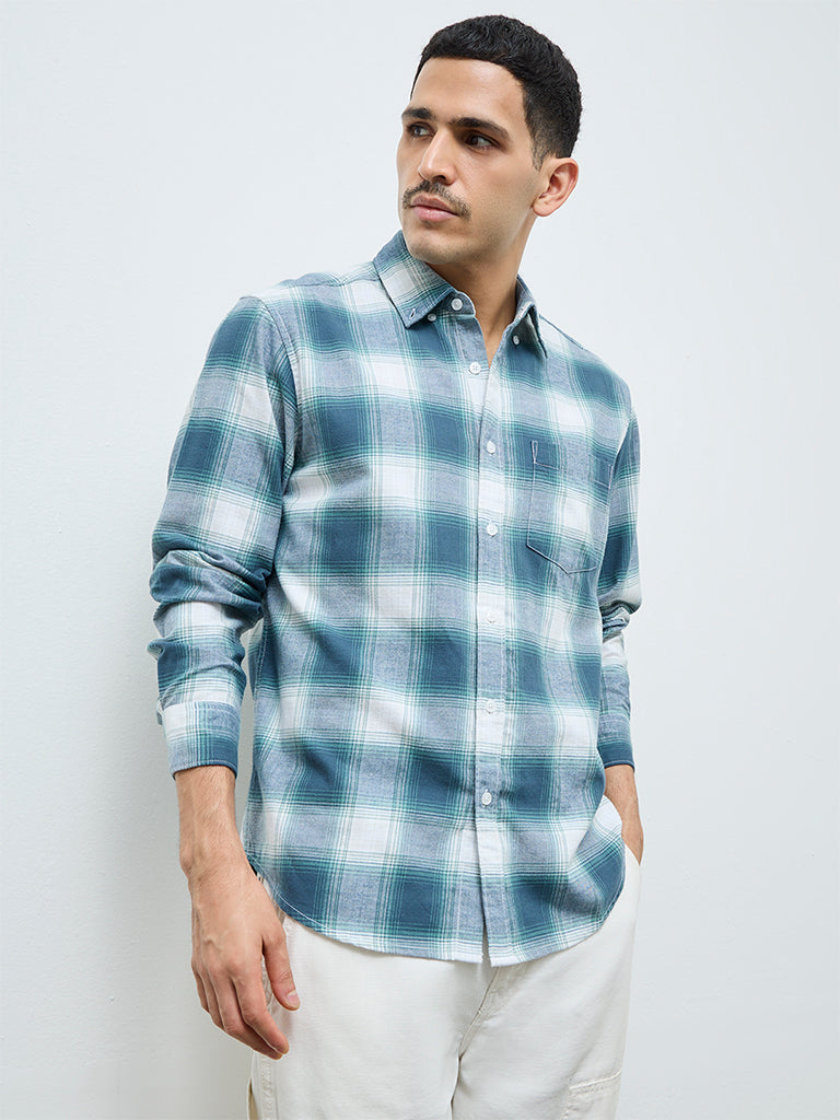 WES Casuals Teal Checks Detailed Relaxed-Fit Cotton Shirt