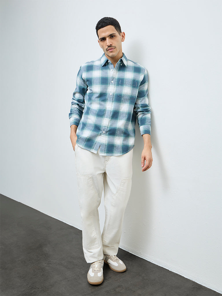 WES Casuals Teal Checks Detailed Relaxed-Fit Cotton Shirt