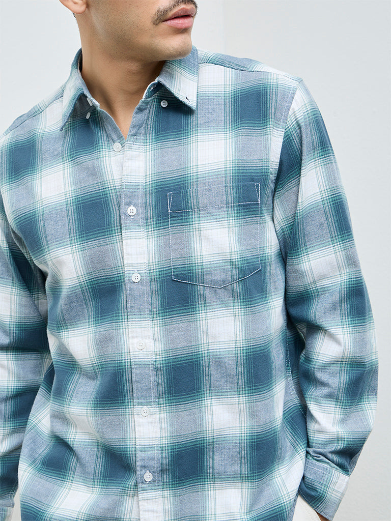 WES Casuals Teal Checks Detailed Relaxed-Fit Cotton Shirt