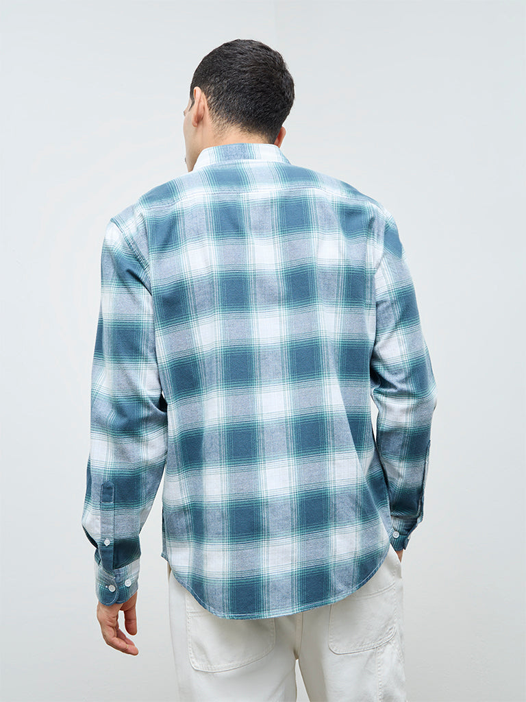 WES Casuals Teal Checks Detailed Relaxed-Fit Cotton Shirt