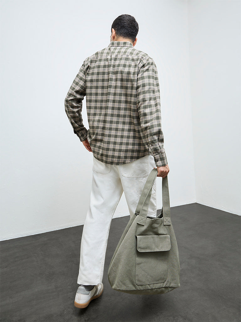 WES Casuals Olive Checkered Relaxed-Fit Cotton Shirt