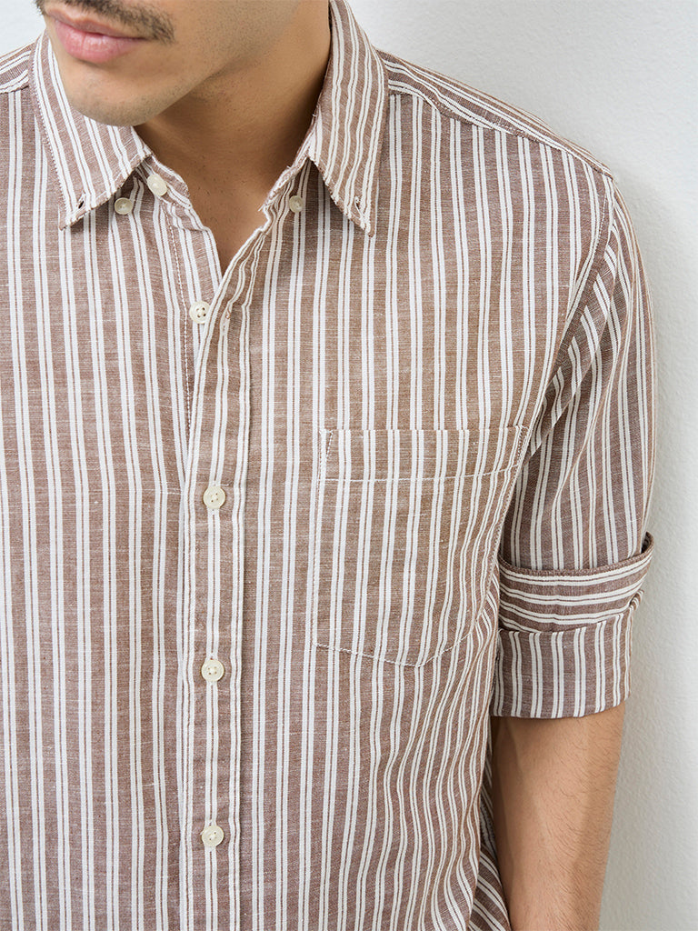 WES Casuals Brown Striped Relaxed-Fit Cotton-Blend Shirt