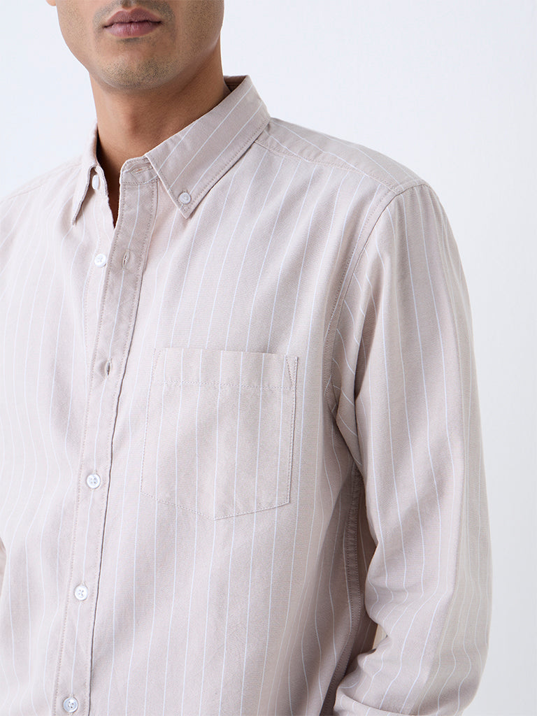 WES Casuals Beige Striped Relaxed-Fit Cotton Shirt