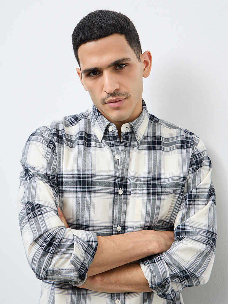 WES Casuals Cream Check Relaxed Fit Cotton Shirt