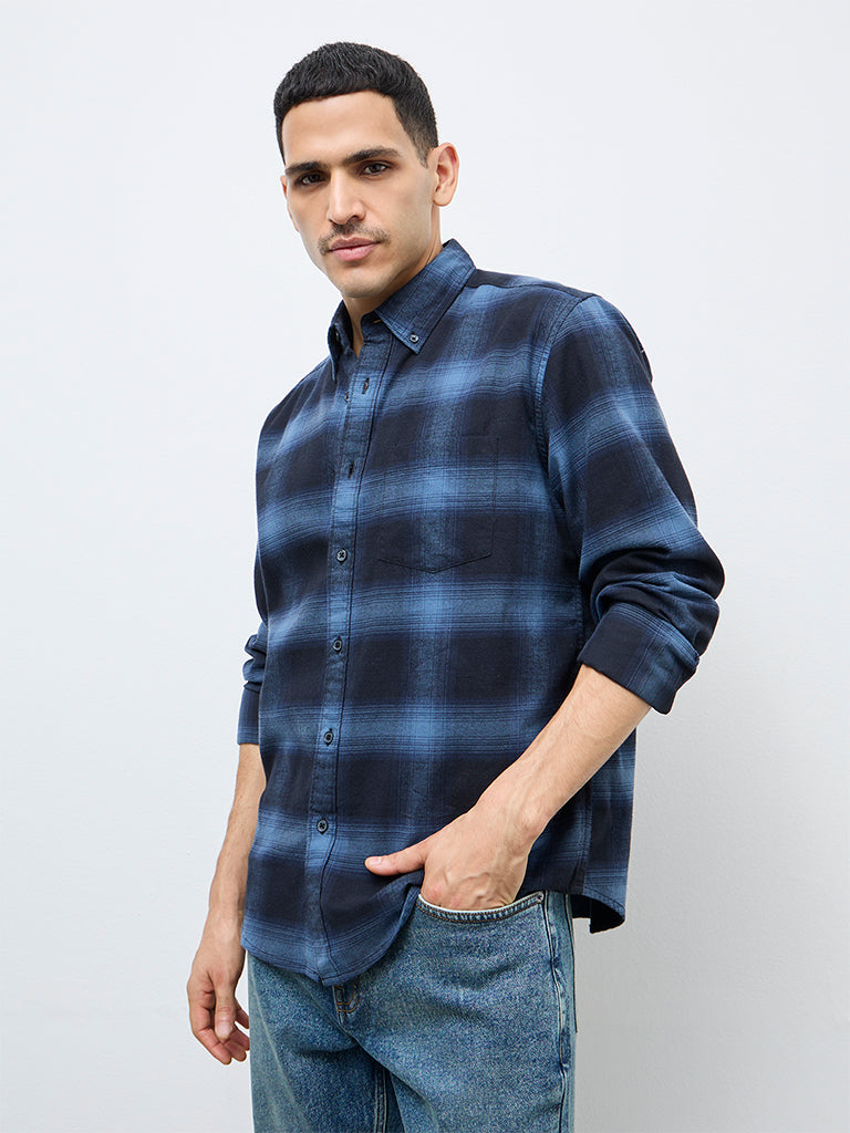 WES Casuals Navy Check Relaxed Fit Cotton Shirt