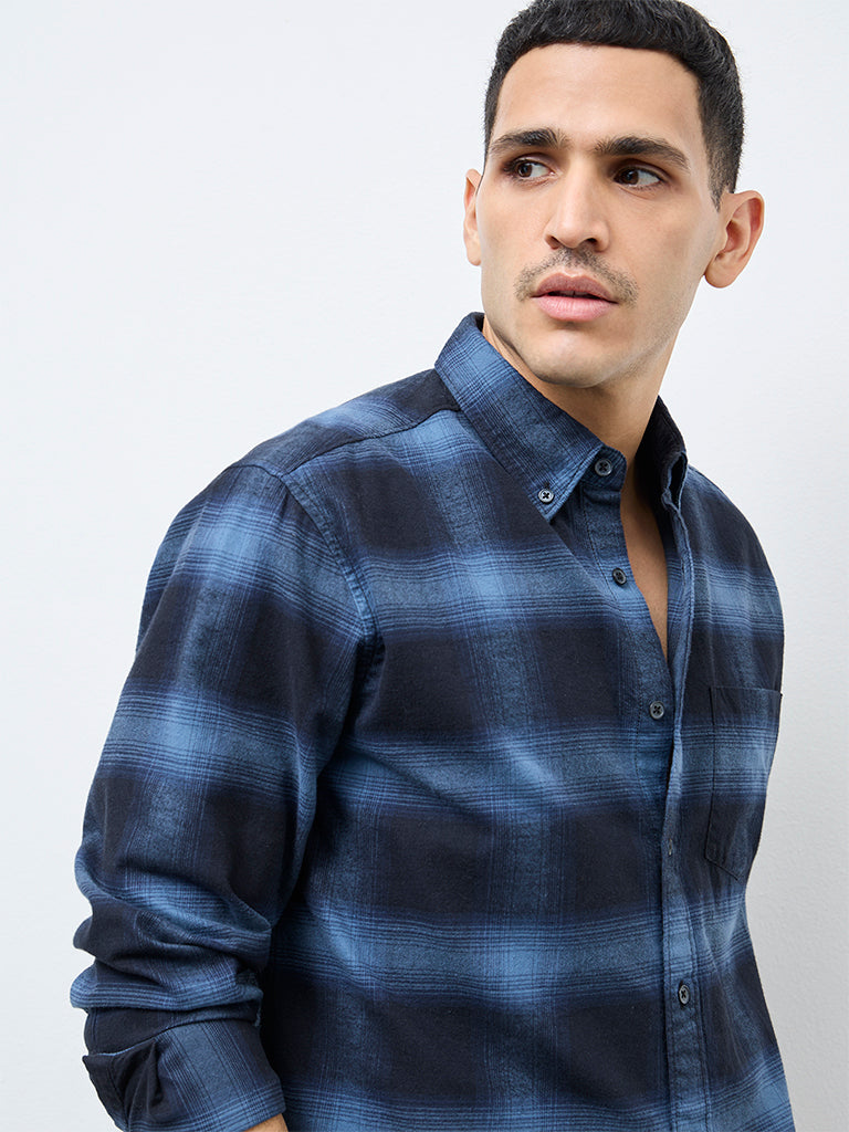 WES Casuals Navy Check Relaxed Fit Cotton Shirt