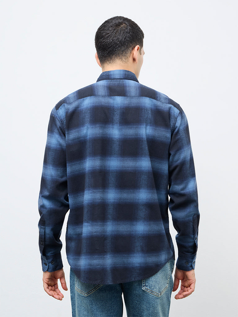 WES Casuals Navy Check Relaxed Fit Cotton Shirt