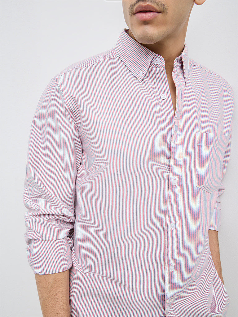 WES Casuals White Striped Relaxed Fit Cotton Shirt