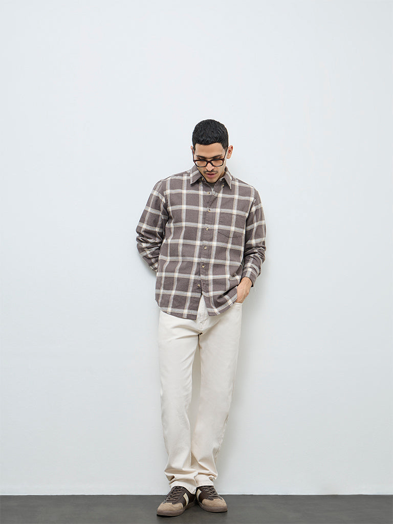 WES Casuals Brown Checks Relaxed-Fit Cotton-Blend Shirt