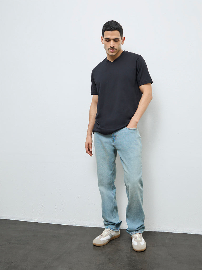 WES Casuals Black Solid Slim-Fit Cotton T-Shirt