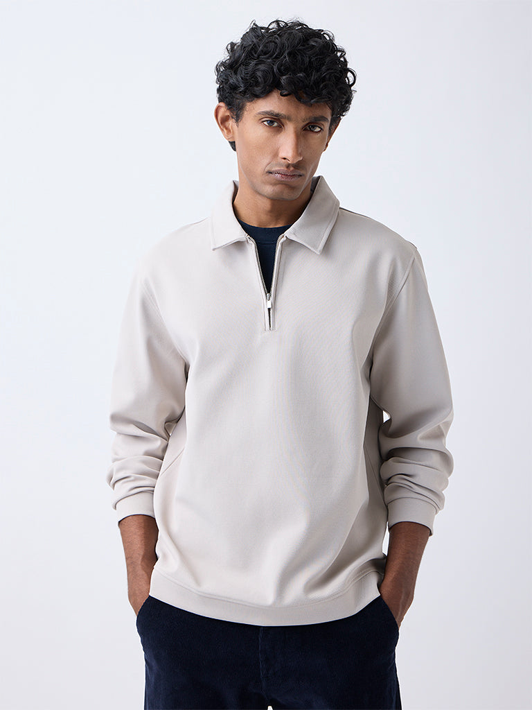 WES Casuals Beige Relaxed-Fit Quarter-Zip Sweatshirt