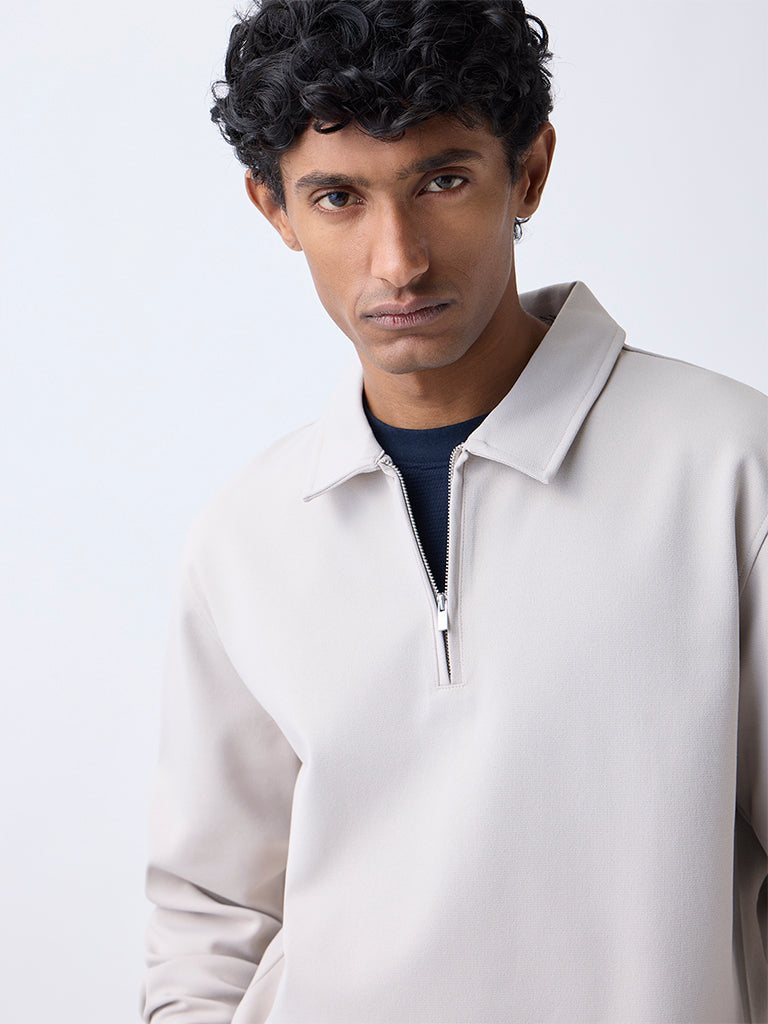 WES Casuals Beige Relaxed-Fit Quarter-Zip Sweatshirt