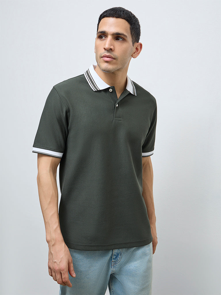 WES Casuals Olive Textured Relaxed-Fit Polo T-Shirt