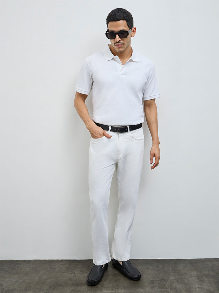 WES Casuals White Relaxed-Fit Cotton-Blend Polo T-Shirt