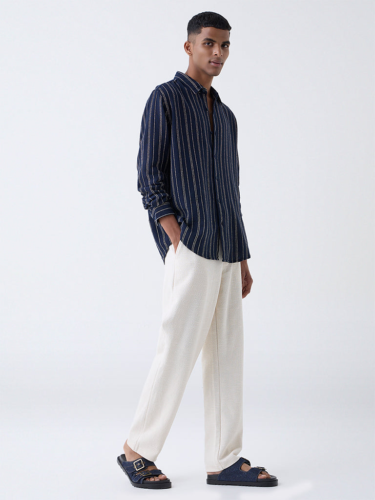 ETA Navy Striped Relaxed-Fit Cotton Shirt