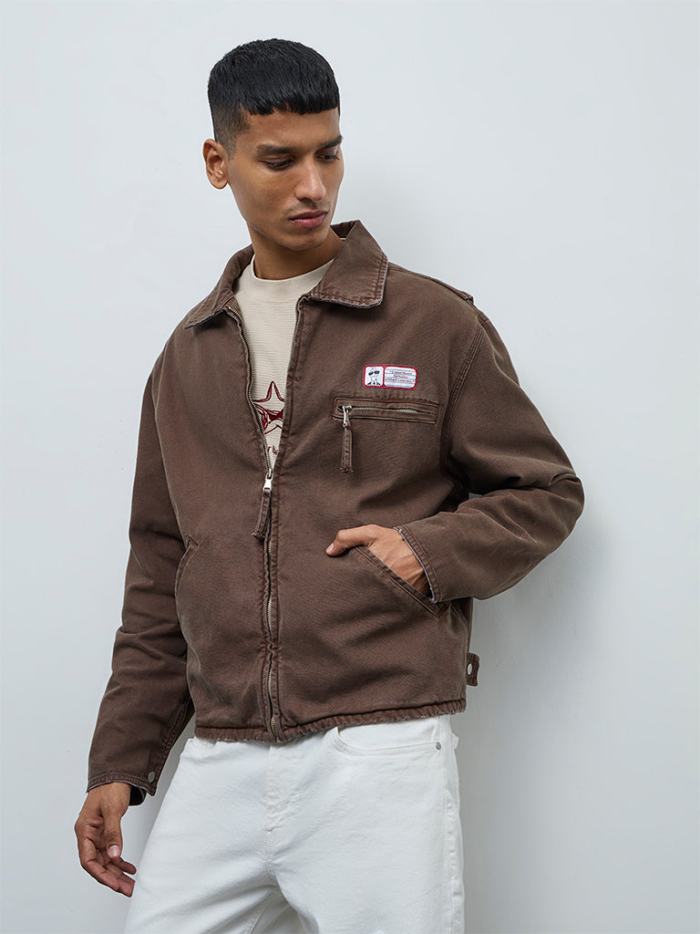 Nuon Brown Patch-Detail Relaxed-Fit Denim Jacket