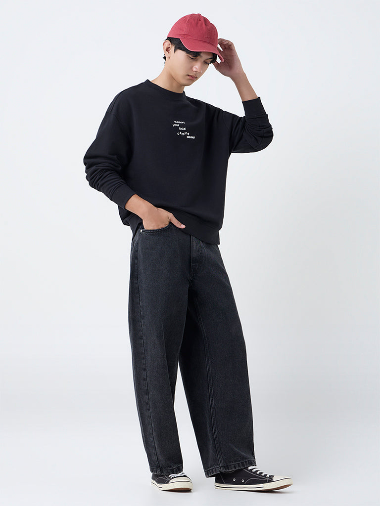 Nuon Black Text Design Relaxed-Fit Cotton Sweatshirt