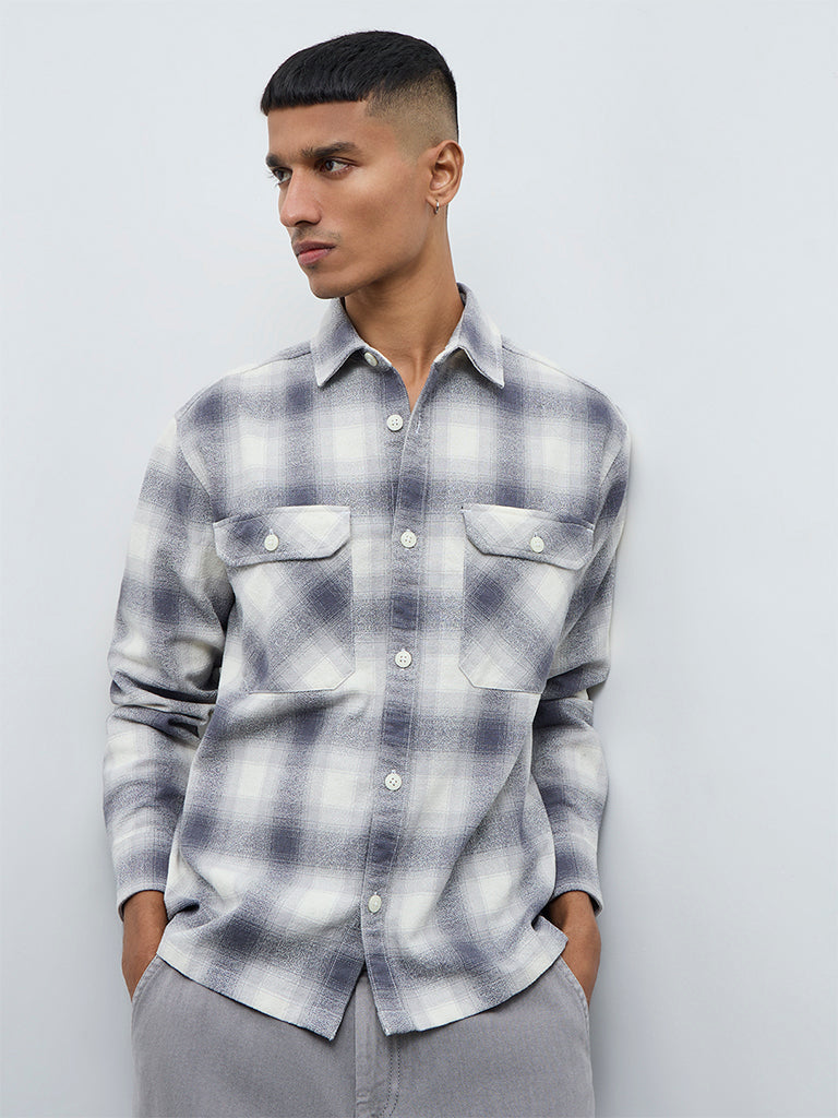 Nuon Grey Checkered Relaxed-Fit Cotton Shirt
