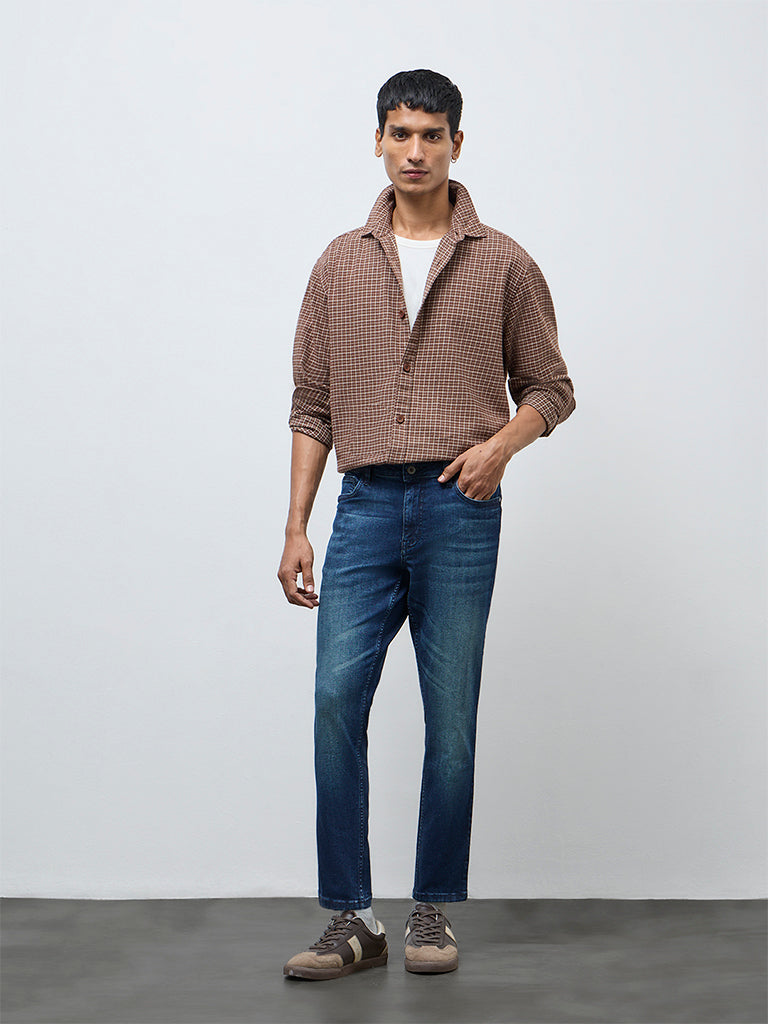 Nuon Brown Checkered Relaxed-Fit Cotton Shirt