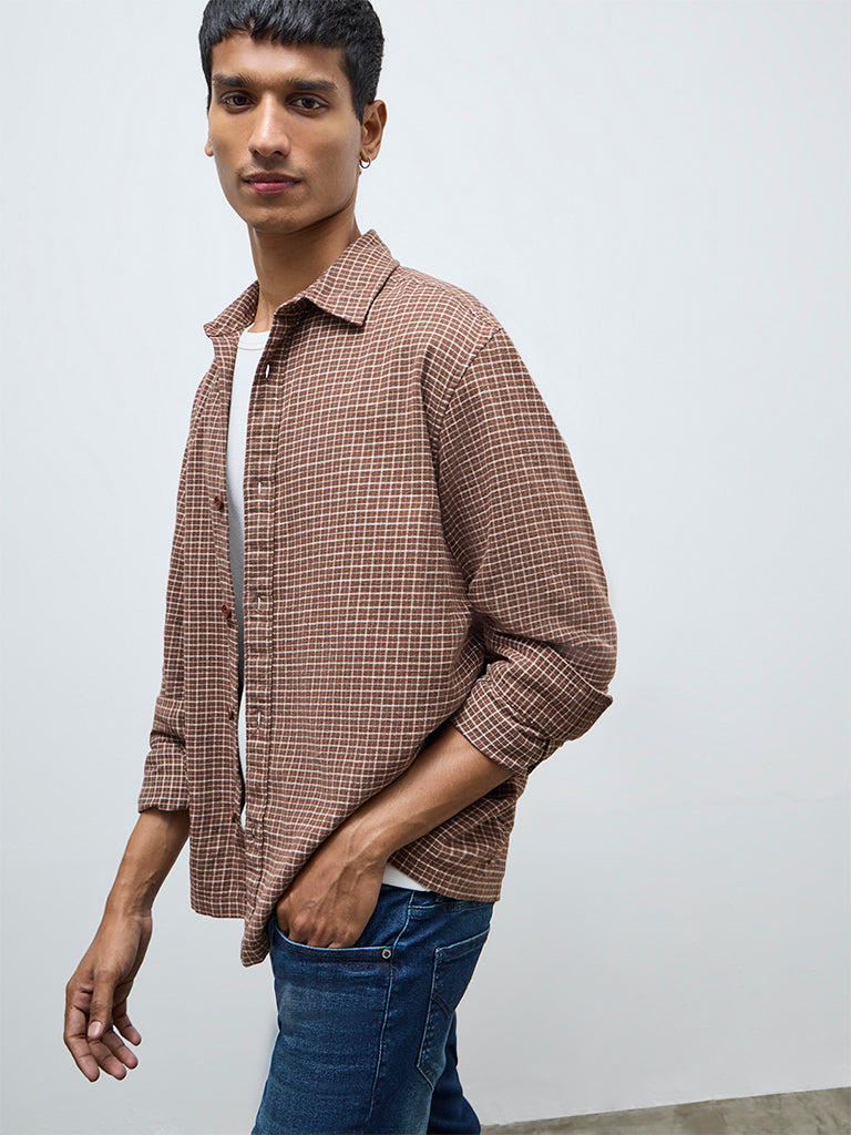 Nuon Brown Checkered Relaxed-Fit Cotton Shirt