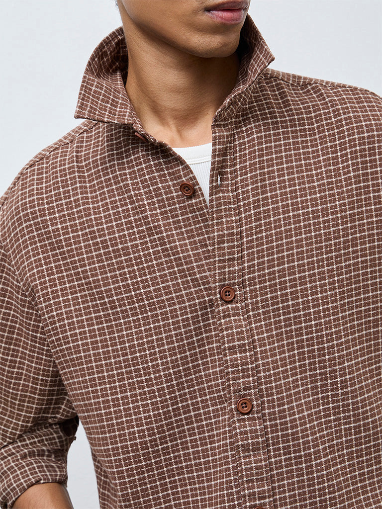 Nuon Brown Checkered Relaxed-Fit Cotton Shirt