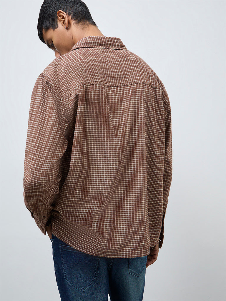 Nuon Brown Checkered Relaxed-Fit Cotton Shirt