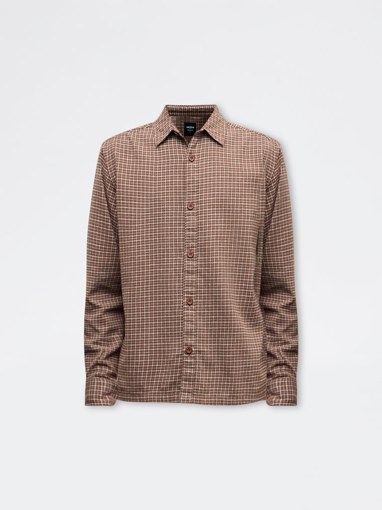 Nuon Brown Checkered Relaxed-Fit Cotton Shirt