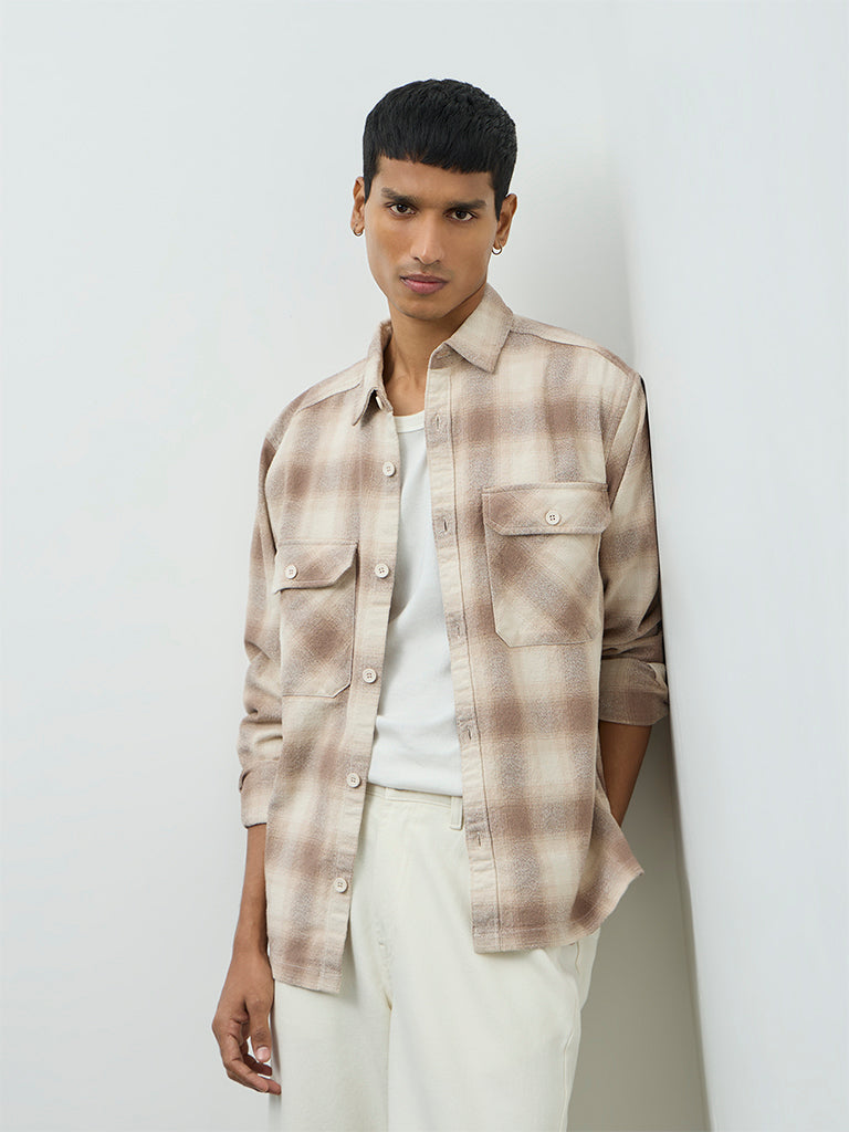 Nuon Off-White Checks Printed Relaxed-Fit Cotton Shirt