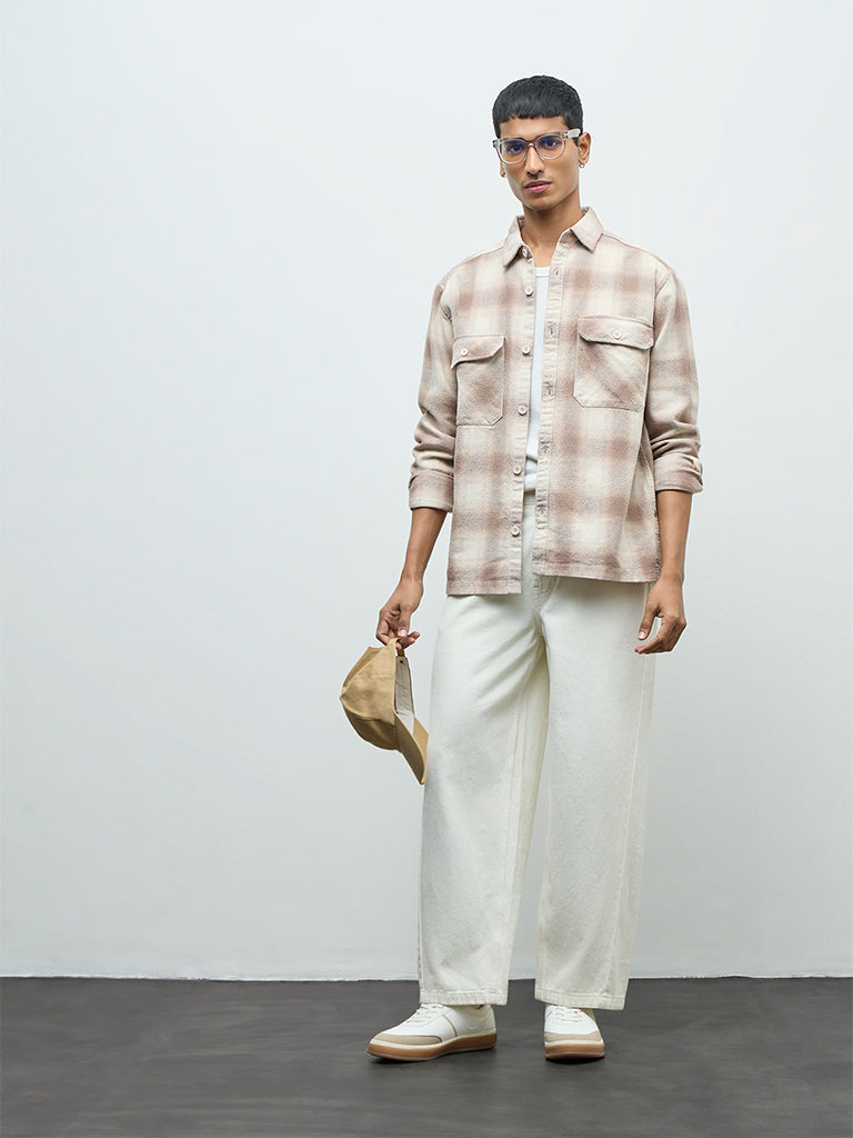 Nuon Off-White Checks Printed Relaxed-Fit Cotton Shirt