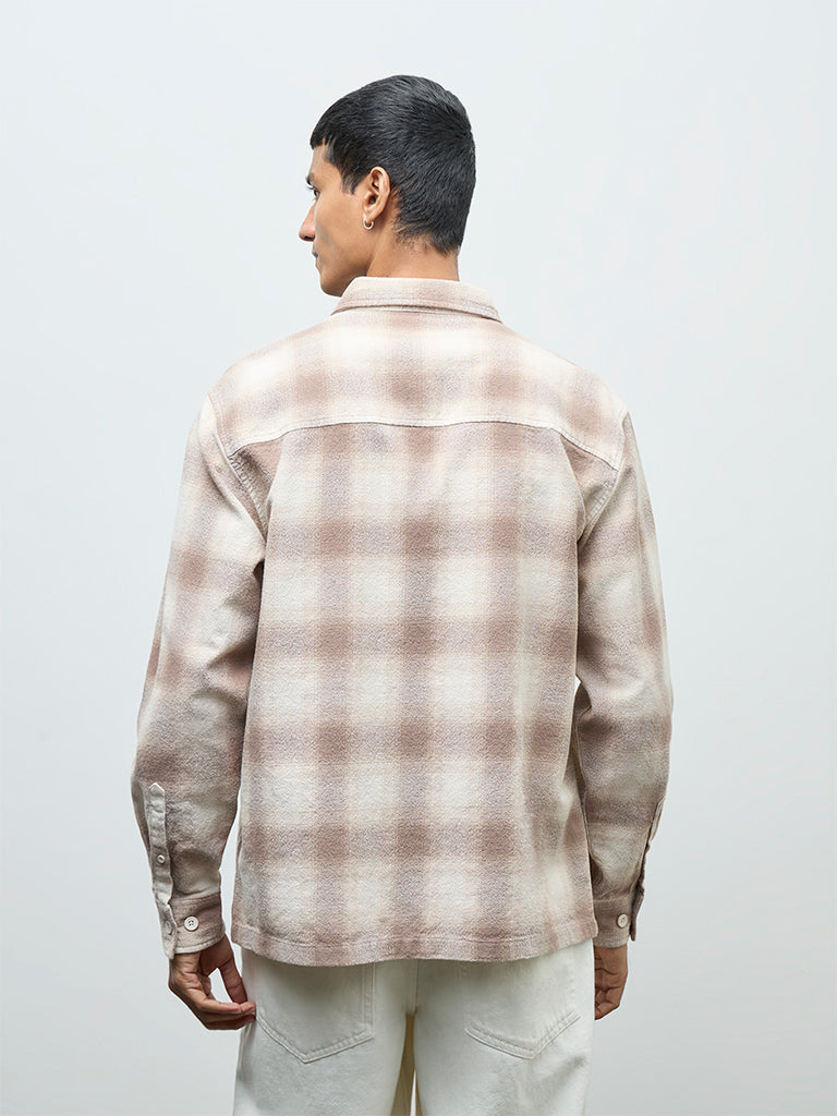 Nuon Off-White Checks Printed Relaxed-Fit Cotton Shirt