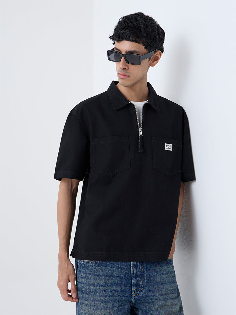 Nuon Black Relaxed-Fit Cotton Quarter-Zip T-Shirt