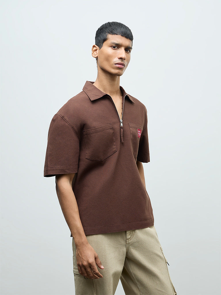Nuon Brown Relaxed-Fit Cotton Quarter-Zip T-Shirt