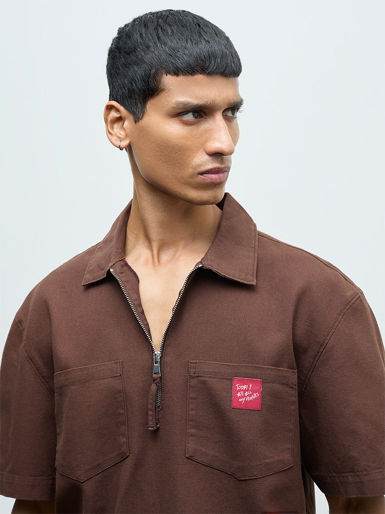 Nuon Brown Relaxed-Fit Cotton Quarter-Zip T-Shirt